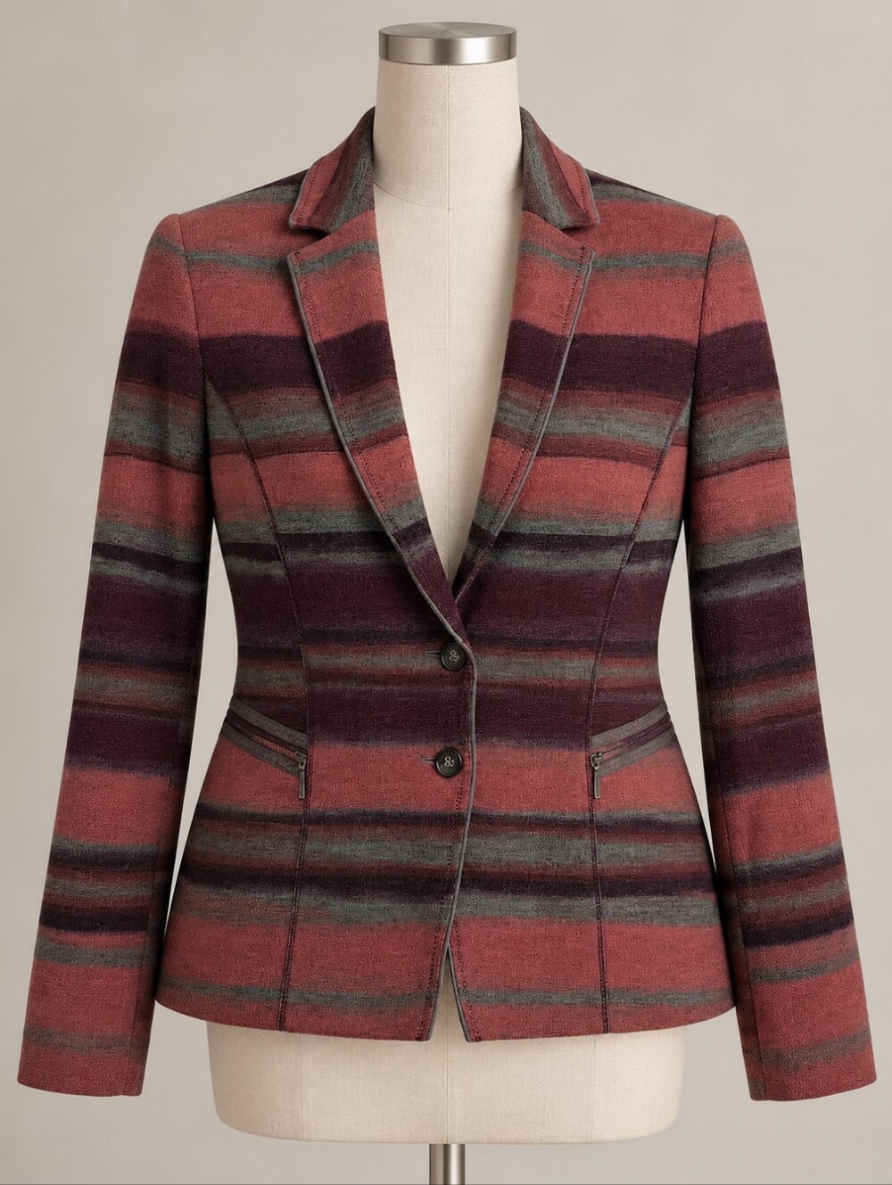 Bianca Striped Wool Blend Blazer Jacket Burgundy Pink Grey Size 38 / US 8
